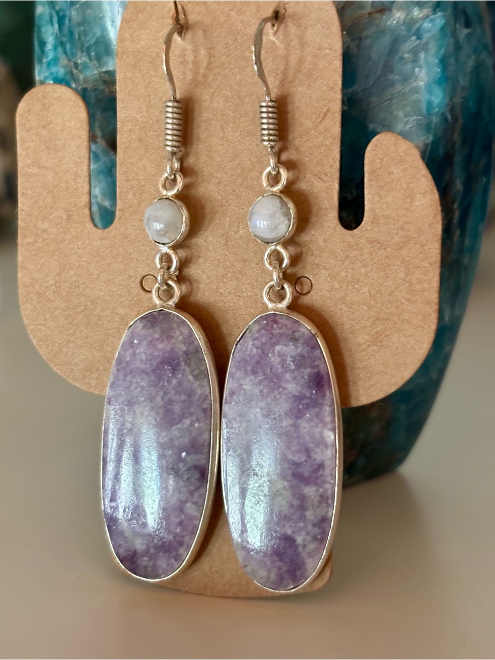 925 Sterling Silver Purple Lepidolite & Moonstone Crystal Dangle Earrings